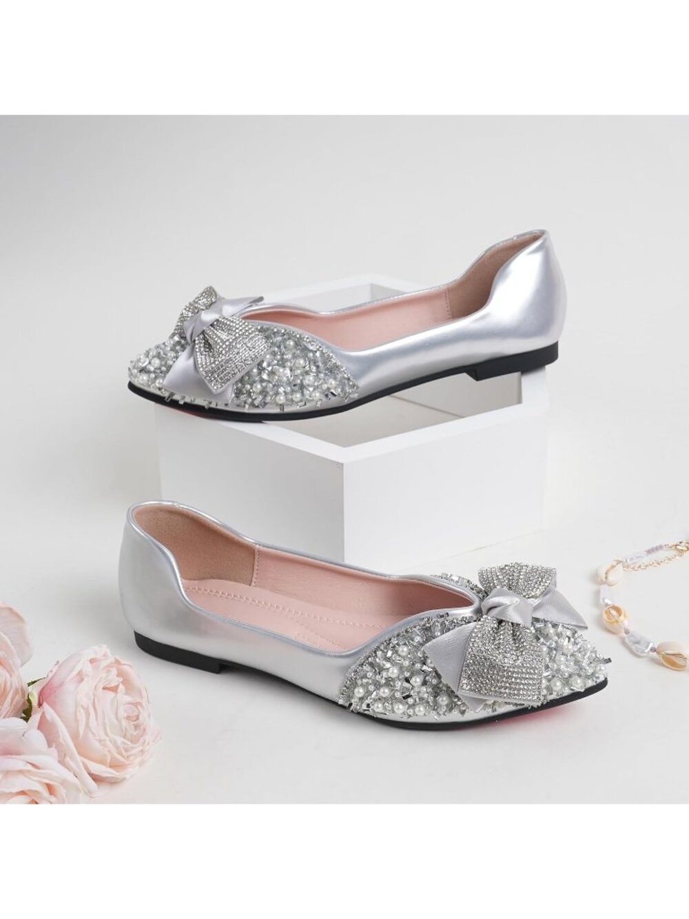 Women's Sliver Pointed Toe Casual Slip On Comfortable Wedding Dressy Flat Shoes - Picture 4 of 6